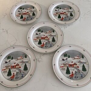 FIVE Vintage Sango Silent Night 10.75" Dinner Plates Joan Luntz Stoneware Winter